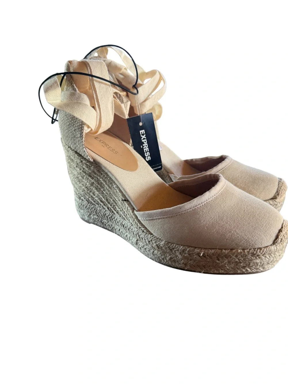 Express Cream Canvas Espadrille Wedge Sandals with Ankle Wrap